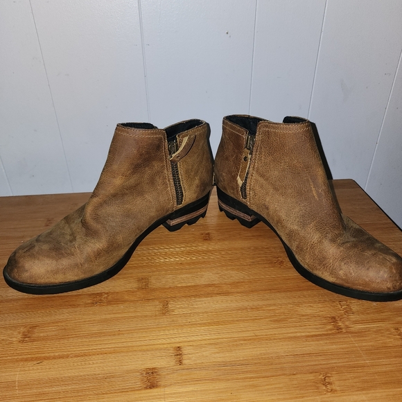 Sorel Lolla Ankle Boots Bootie Womens Size 8.5 Elk Tan Leather Zip Stacked Heel - Picture 4 of 10